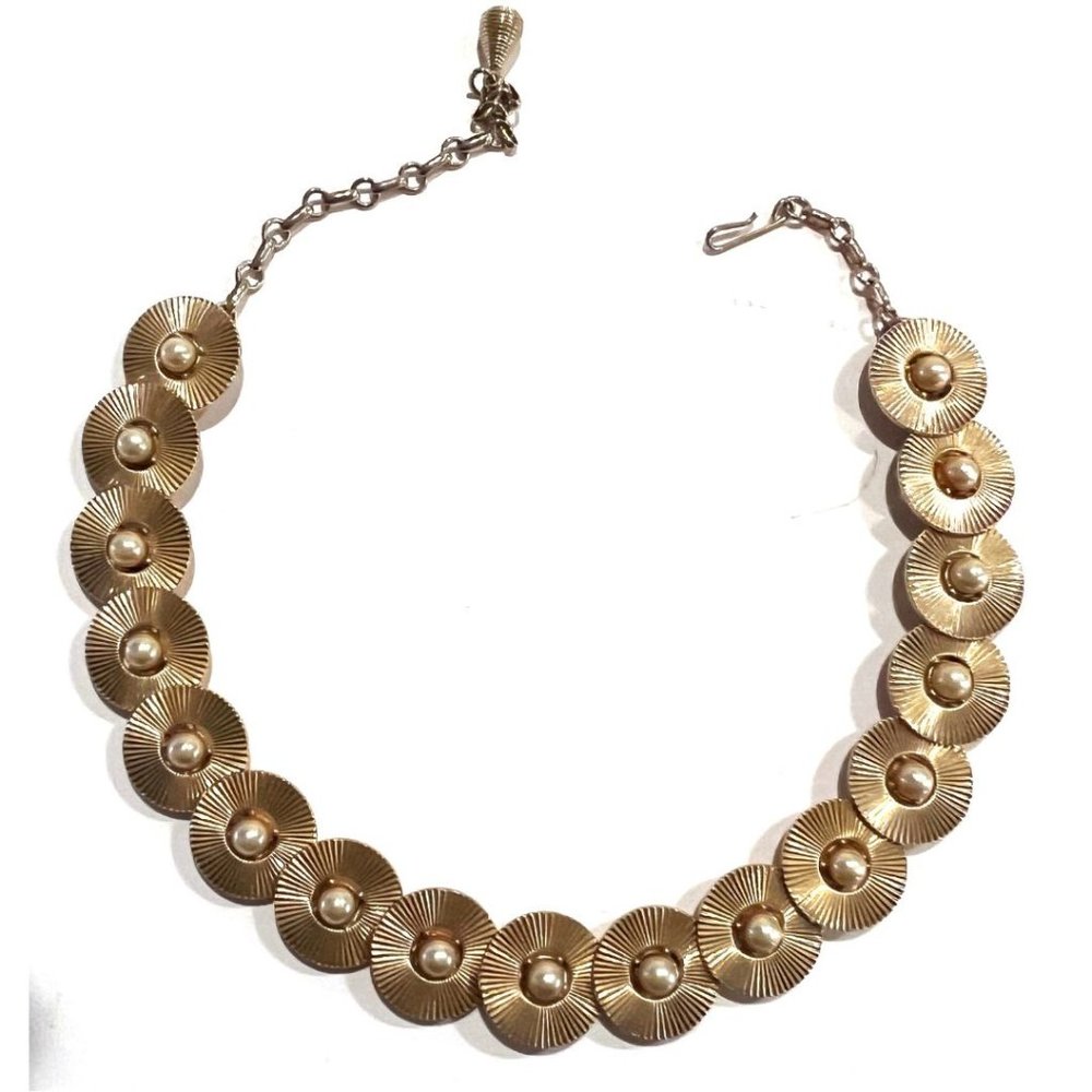 Vintage Gold Disc Faux Pearl Link Adjustable Necklace Mid Century Costume